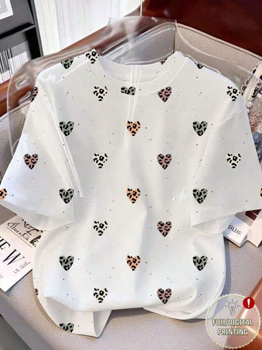 Camiseta de cuello redondo casual de mujer con estampado digital y bordado floral en todo el diseño - Blanco - Ver 1