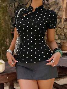 Blusa de cuello Mao de manga corta con cintura ceñida, estilo chino nuevo en color albaricoque, nuevo diseño de primavera/verano para mujer - Blanco y Negro 2 - Ver 7