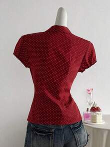 Camisa de mujer con cuello en V, cintura fruncida y manga corta, color blanco, para primavera/verano - Rojo 2 - Ver 2