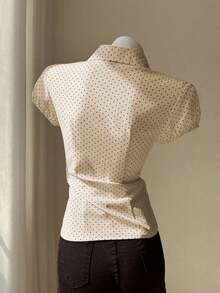 Camisa de mujer con cuello en V, cintura fruncida y manga corta, color blanco, para primavera/verano - Albaricoque - Ver 2