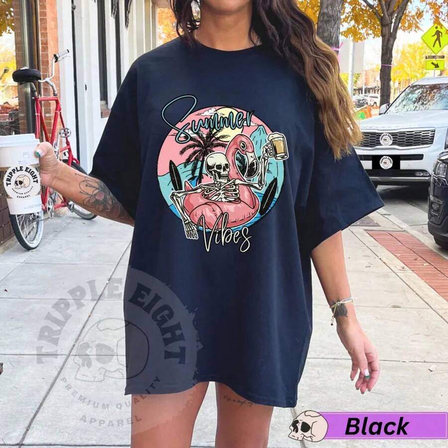 Camiseta Summer Vibes, Camiseta de Verano Skeleton Beach, Verano Retro, Camiseta para Vacaciones en la Playa, Camiseta de Playa Oversized , Camiseta para Amantes de la Playa - Blanco - Ver 1