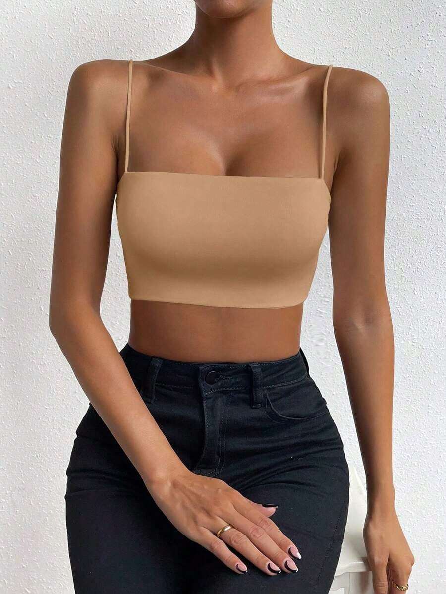 Top corto de color sólido ChicEase - Caqui - Ver 1