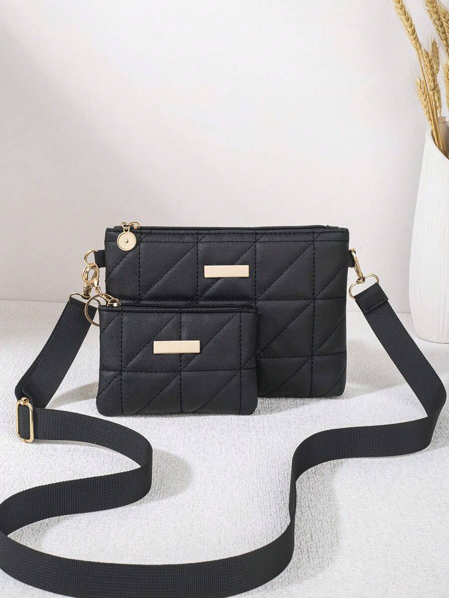 Minimalist Rhombus Pattern Crossbody Bag, Lightweight Versatile Shoulder Square Bag, Metal Decor Casual Crossbody Purse Suitable For Daily, Commuting - Black - View 1