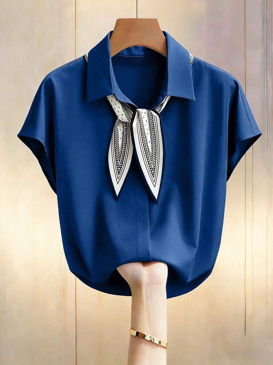 Blusa de gasa con cuello en V, manga corta y lazo, con estampado de murciélago, color beige, adecuada para primavera/verano - Azul - Ver 1
