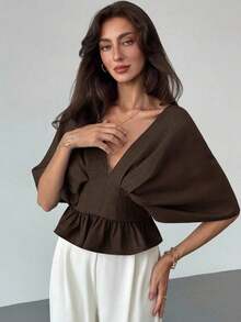 Blusa de manga de murciélago de unicolor elegante para mujer, de verano - Café integral - Ver 3