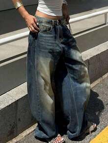 Jeans casuales rectos, sueltos y de pierna ancha, adecuados para todas las estaciones, para adolescentes de moda - Azul lavado medio 4 - Ver 3