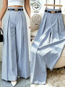 Pantalones de traje a rayas azul marino para mujer, de cintura alta, elegantes y de moda, con pliegues, cintura elástica, rectos y anchos, casuales, adecuados para primavera/otoño, uso diario y versátiles - Azul y blanco - Ver 3