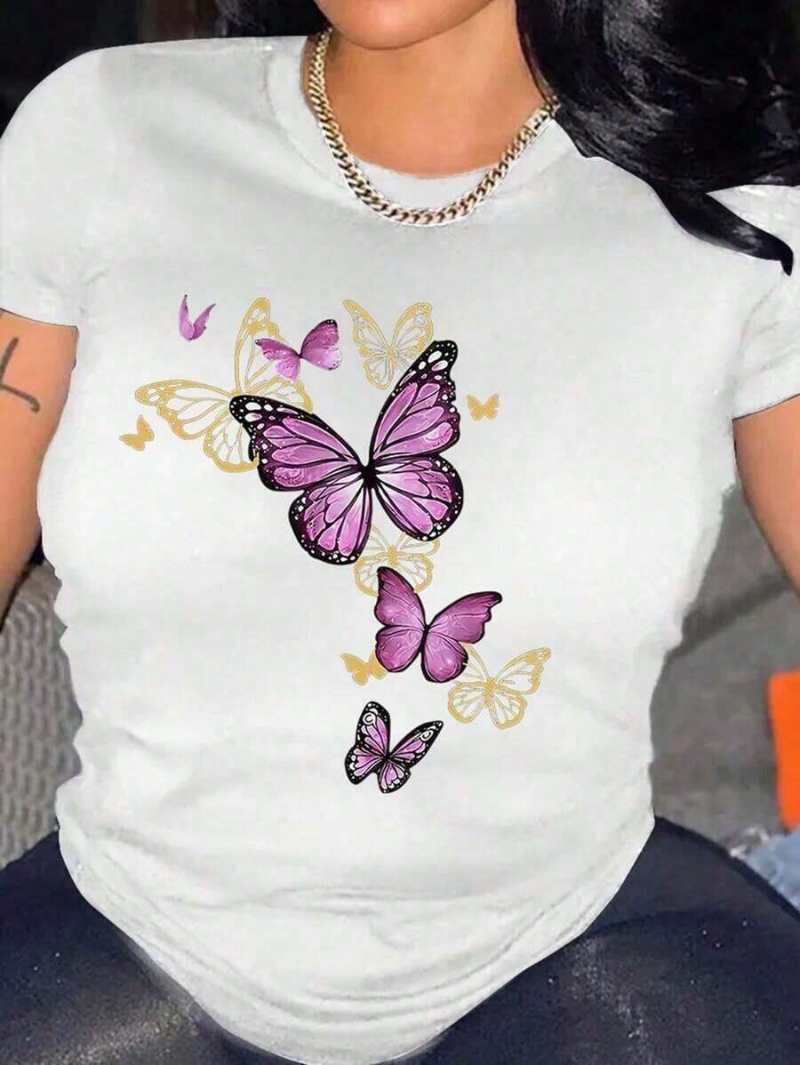 1 pcsINAWLY Camiseta de mujer para el verano, de cuello redondo, manga corta, con estampado de mariposa, informal y holgada180g 100% Cotton soft - Blanco - Ver 1