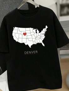 Camiseta de Mujer con Diseño de la Silueta del Estado de Colorado y Corazón - 180GSM, Corte Holgado Casual, Cuello Redondo, Manga Corta, Estilo Y2K, con Estampado de la Ciudad de Denver y el Mapa de Colorado - Comodidad para Todas las Temporadas, Ideal para Primavera, Verano y Actividades al Aire Libre - Negro - Ver 1