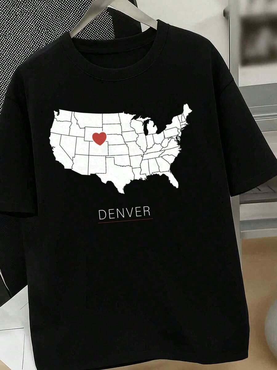 Camiseta de Mujer con Diseño de la Silueta del Estado de Colorado y Corazón - 180GSM, Corte Holgado Casual, Cuello Redondo, Manga Corta, Estilo Y2K, con Estampado de la Ciudad de Denver y el Mapa de Colorado - Comodidad para Todas las Temporadas, Ideal para Primavera, Verano y Actividades al Aire Libre - Negro - Ver 1
