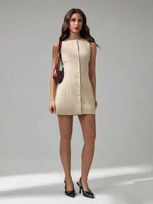 Tall Vestido corto casual sin mangas de cuello redondo y abotonado de un solo pecho de unicolor para mujer - Albaricoque - Ver 3