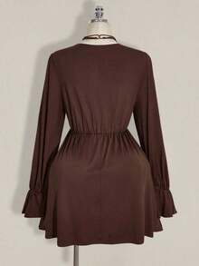 ICON Vestido mini de talla grande de unicolor casual con parches de encaje para mujer, ropa de otoño - Marrón - Ver 2