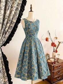 DECDS Vestido de mujer elegante y vintage con estampado floral de jacquard para fiestas, festivales y eventos elegantes.Vestidos largos elegantes para fiestas para mujeres en otoño, invierno, Navidad, Halloween y Año Nuevo. - Azul - Ver 7