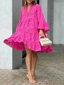 Vestido blanco de manga larga, elegante y holgado con encaje calado y abertura frontal para mujer, de estilo casual y primaveral - Rosa Fucsia - Ver 3