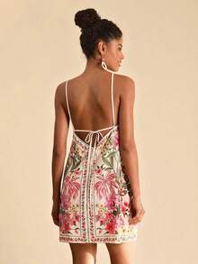 Flower Print Backless Halter Mini Dress, Casual Resort Style,Bohemian Clothes, Suitable For Holiday , Afternoon Tea, Wedding Season, Beach Cruise Vacation, City Road Trip Vacation, Boho Vacation, Music Festival , Beachwear, Easter, Beach Outfits For Woman,, Elegrant Dress For Women, Vacation Outfits Women, Concert Outfit Women, Tropical Vacation Woman Clothes, Holiday Outfits, Bohemian Clothes,For Spring Sunmmer And Autumn,Tropical Vacation, Bohemian Outfits, Ibiza Outfits, Western Style - 多色 10 - 查看 2
