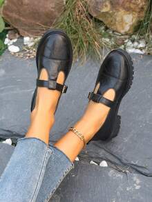 Vintage Round Toe British Style Leather Shoes For Women, T-Strap Loafers, Japanese School Style Shoes, Thick Heel Commuting Daily Comfortable Adjustable Slip-On Shoes - Black - View 3