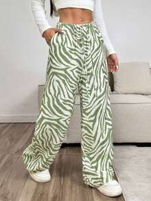 Pantalones con cordón de mujer con estampado de leopardo blanco - Verde lima - Ver 6