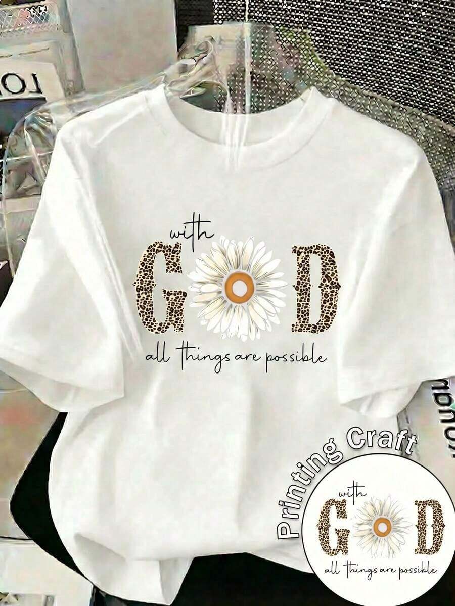 Camiseta informal de manga corta y cuello redondo para mujer, 100% algodón, estampado de margaritas y leopardo, lema de Dios, corte holgado, prenda de algodón puro. - Blanco - Ver 1