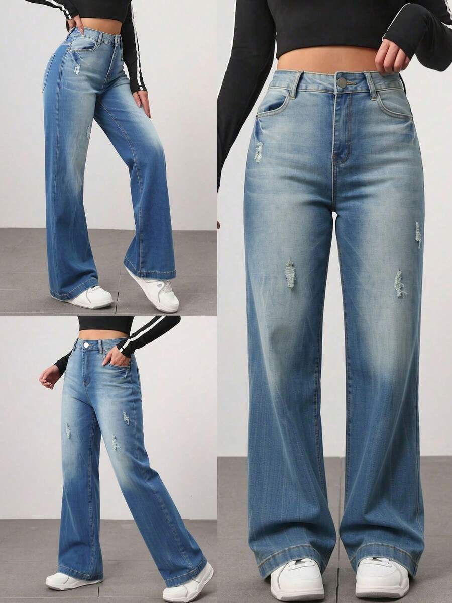 Pantalones rectos de mezclilla azul medio lavados con roturas, cintura media, holgados y con caída elegante - Lavado ligero - Ver 1