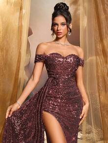 Nuevo estilo de vestido de mujer elegante con lentejuelas brillantes de unicolor y espalda descubierta, adecuado para boda, fiesta, cumpleaños, aniversario, graduación, festival de música, cóctel de vacaciones, cena formal, sesión de fotos, baile de graduación, escenario y concierto, cuarto trimestre de primavera - Burdeos - Ver 8