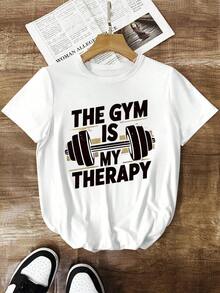 1pscSHEIN LUNE Camiseta de manga corta para mujer, cómoda y casual, con estampado digital de temporada deportiva, ideal para el gimnasio100% Cotton - Blanco - Ver 6