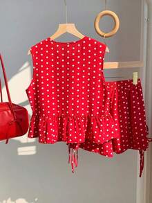 Set de 2 piezas de ropa de mujer con top tipo camiseta con cordones y shorts a cuadros, ideal para el Día de San Valentín - Rojo 2 - Ver 3