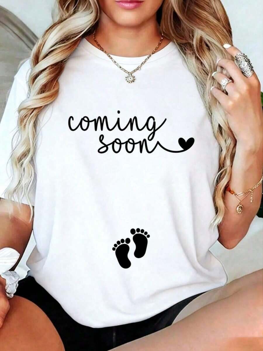 1 pieza de camiseta casual 100% algodón para anunciar el embarazo - Camiseta para mamá embarazada para anunciar el embarazo - Ropa de mujer con estampado de algodón 100% cómoda 180g Algodón 100%. - Blanco - Ver 1