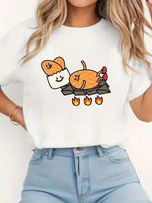 Camiseta Vintage con Estampado de Caramelos y Huevo Frito de Dibujos Animados | Cuello redondo holgado, manga corta transpirable, ropa casual para uso diario en primavera/verano/otoño, tela suave, ligera, a la moda con diseño de cara sonriente y llama. - Blanco - Ver 7