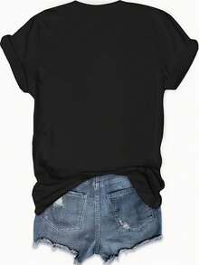 Camiseta Casual de Verano para Mujer, Diseño Dulce en Blanco y Negro para Jóvenes de 16 Años |   Tela ligera y duradera, adecuada para celebraciones y eventos festivos, ajuste cómodo, elegante diseño de corona, regalo perfecto para ocasiones especiales, mangas regulares, cuello redondo, camiseta chic y a la moda. - Negro - Ver 2