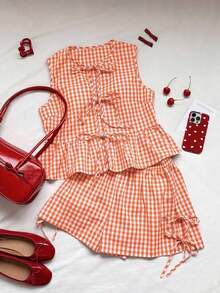 Set de 2 piezas de ropa de mujer con top tipo camiseta con cordones y shorts a cuadros, ideal para el Día de San Valentín - Naranja Quemada - Ver 8