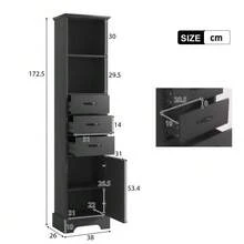 Meuble de salle de bain de 38 x 26 x 172,5 cm de hauteur, entièrement laqué pour une résistance à l'humidité, trois tiroirs + double étagère ouverte + portes d'armoire, étagères réglables, noir. - Noir - Voir 4