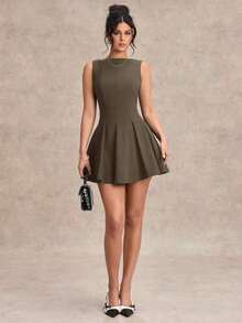 Vestido negro sólido, minimalista y sexy de corte evasé en tono burdeos para mujer, vestido para citas, vestido de dama de honor corto, vestido negro elegante para primavera/verano - Marrón - Ver 3