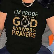 Soy prueba de que Dios responde a las oraciones Camiseta para mujeres Camiseta casual de manga corta 1 pieza 100% algodón pesado - Cuello redondo cómodo, camisetas suaves y adorables - Negro - Ver 5