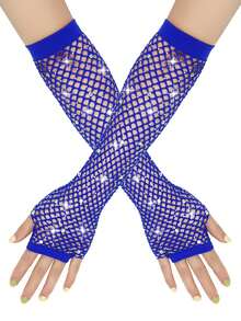 1 Pair 80s Y2K Style Rhinestone Fishnet Fingerless Gloves, Women Mesh Sleeve Decor Accessory For Wedding, Tea Party - Fishing Net Gloves - View 20