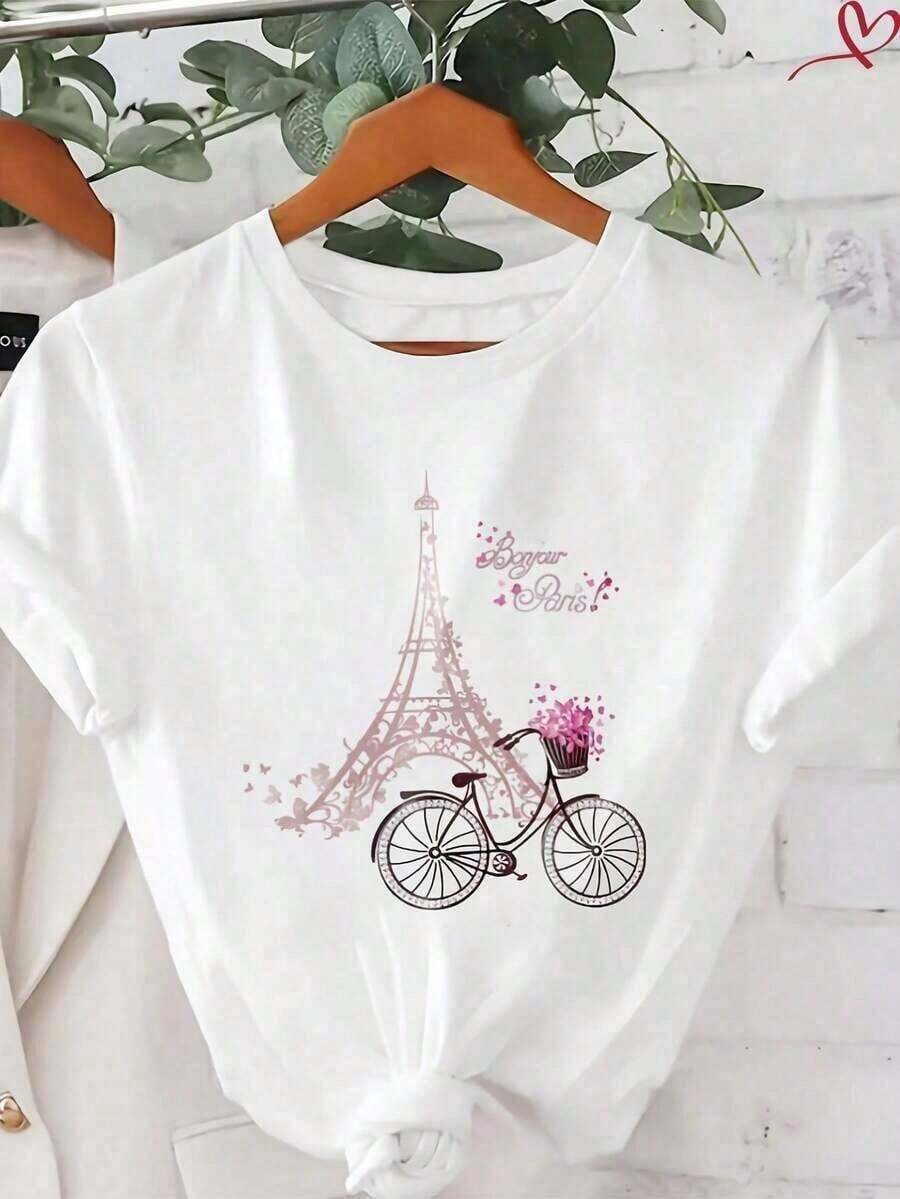 Camiseta Casual de Manga Corta para Mujer, Mezcla de Algodón, con Estampado de Coche 'Chasing The Horizon', Cuello Redondo, Largo Regular - Estilo_como - Ver 1