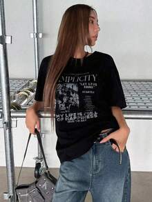 Women's Casual Black Graphic Print T-Shirt, Round Neck, Short Sleeve Top, Regular Length Knit Summer Streetwear 3GY0 - 黑色 - 查看 10