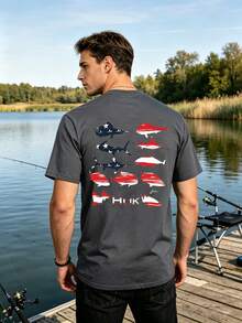 Men's 100% Cotton HUK Fishing T-Shirt Double Sided Print American Flag Fish Graphic Casual Outdoor Fishing Tee, 100% Heavyweight Cotton T-Shirts - Grey - View 2
