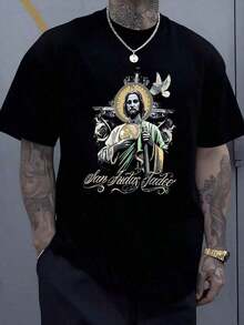 Figure Of Tadeo With A Golden Halo Holding A Medal And Surrounded By Roses And A Dove Symbolizing Faith, Hope And Powerful Protection. Men's Plus Size T-Shirt, 100% Cotton, 220g - 黑色 - 查看 8