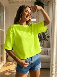 Blusa de mujer de cuello redondo, manga corta, holgada y casual, de estilo minimalista, elegante y sexy Y2K, adecuada para uso diario, oficina, hogar, exterior, primavera/verano - verde fluorescente - Ver 6