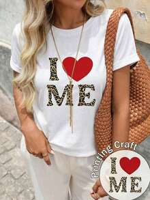 Camiseta suave 100% algodón, informal para mujer, con estampado de leopardo "I Love Me", manga corta, cuello redondo, transpirable, combina con todo, genial. - Blanco - Ver 2