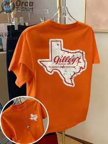 Camiseta de manga corta de estilo casual vintage, con estampado en la parte delantera y trasera, que presenta un mapa de Texas y el diseño de la palabra "Gilley's", adecuada para el uso diario en verano, ideal como regalo para parejas y amigos. - Rojo - Ver 10