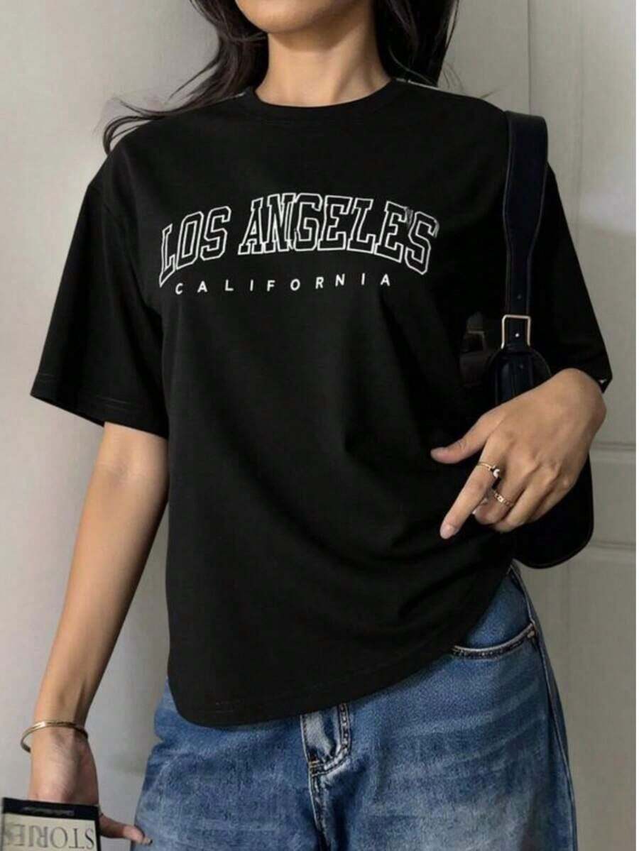 short sleevesmujer Camiseta de camiseta enviada de México de alta calidad transpirable ropa de moda Camisa negra con el estampado "LOS ANGELES CALIFORNIA", cómoda y estilo atemporal para cualquier ocasiónLeisure - Negro - Ver 1