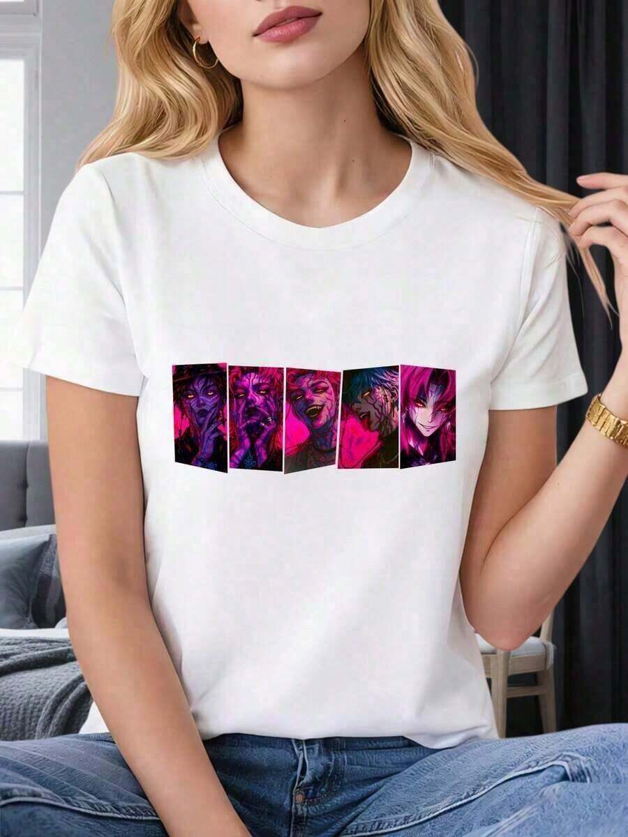Under The RadarGraphic Design Women's T-Shirt Anime Characters Art Print Summer Casual Wear Gift For Anime Fans Adecuado como regalo.playera de mujer.blusas>elegante,Lindos cómics de dibujos animados con exquisitas ilustraciones.-Vintage Street Style Unisex Loose Cotton Short Sleeve Crew Neck T-Shirt - Blanco - Ver 1