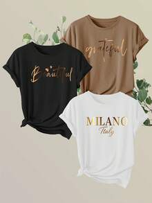 Una sola prenda de vestir no es un conjunto que consta de 3 artículos.Un conjunto incluye 1 camiseta de manga corta para mujer con estampado de letras, una camiseta deportiva casual de cuello redondo para mujer y un top para mujer. - Negro - Ver 6