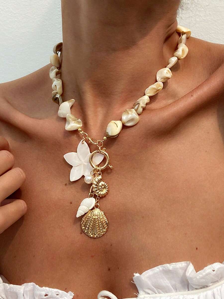 1pc Colorful Beaded Y-Shaped Clasp Necklace With Shell & Starfish Pendants, Unique Beach Vacation Style Jewelry For Daily Wear And Party, Random Assorted Stone Colors And Shapes - Multicolor - View 1