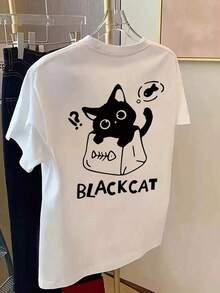 Women's Custom Cartoon Print Mid-Length Short Sleeve T-Shirt, Stylish Graphic Tee, Casual Black Vintage Summer Street Style Loose Fit Cotton Crew Neck T-Shirt. - 白色 - 查看 7