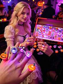 50/30/1pc Halloween Glow Rings, Glow Props, Night Light, Birthday, Halloween Party Gifts Decoration Adult Products, Flashing Finger Rubber Rings, Multiple Styles: Ghost, Pumpkin, Skull, Spider, Bat, Glow Decorations, Flashing Finger LED Rings, Flashing Jelly Rubber Rings - Multicolor - View 4