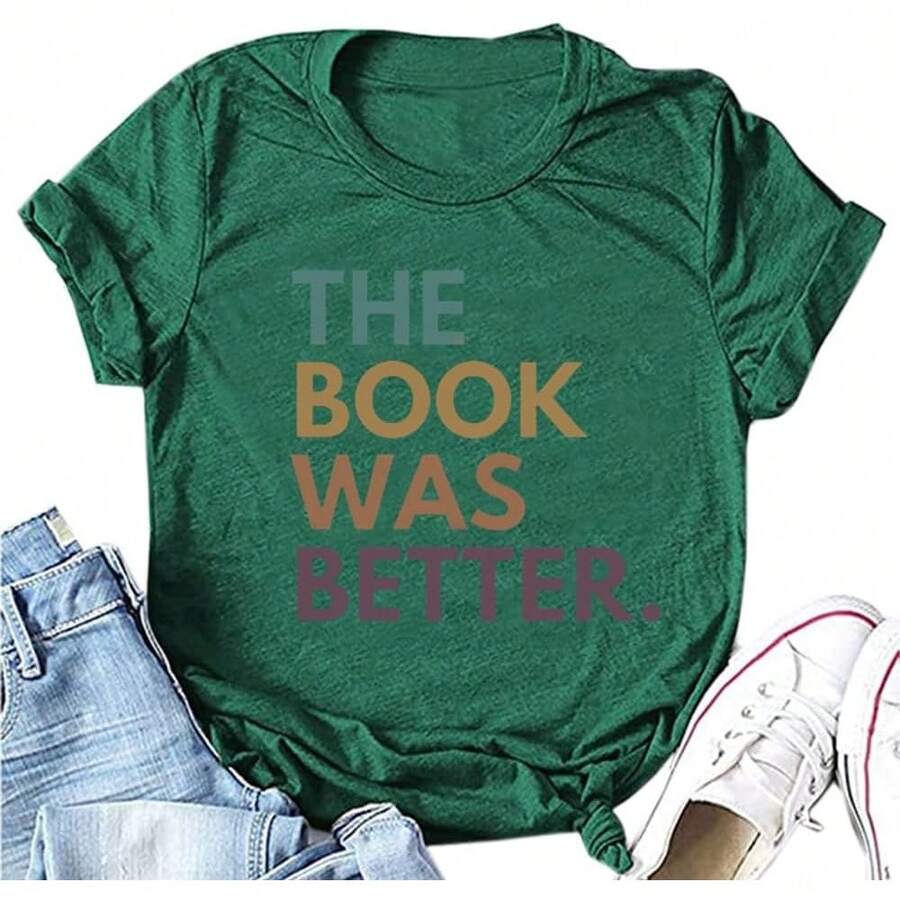 TeeEl Libro Era Mejor Estampado Colorido Camiseta de Las Mujeres Día de los Maestros de Verano Temporada Escolar Maestros Regalo Camisetas Tops de Manga Cortashort-sleeve T-shirt / short-sleeve tee100%Cotton100%Cotton - Verde - Ver 1