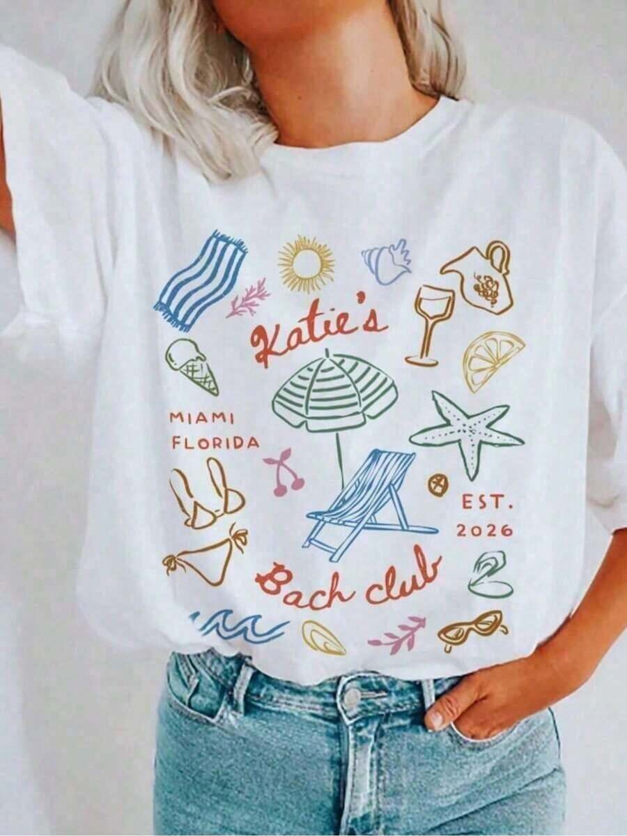 1 pieza NUEVA Camiseta Personalizada para Despedida de Soltera en la Playa, Camiseta para Club de Playa, Camiseta para Viaje de Novia en la , Camisetas para Fiesta Nupcial, Camiseta para Club de Playa en Miami, Regalos para Damas de Honor, Regalo Personalizado para el Día de San Valentín/Compromiso/Boda/Vacaciones/Vida Cotidiana de Verano, Camiseta de Verano de Manga Corta con Cuello Redondo y Estampado Casual para Mujer. | Pascua y Día de San Patricio, Día de la Independencia 180g Algodón 100% - Blanco - Ver 1