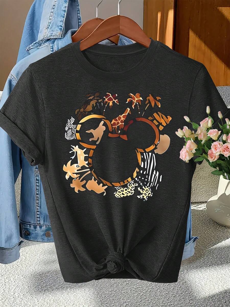 Camiseta casual para mujer con estampado de animales a la moda, adecuada para uso diario y actividades al aire libre. Top versátil de cuello redondo, ideal para fiestas de moda de verano, playa y atuendos al aire libre.| Ropa casual para las cuatro estaciones, adecuada para fiestas y uso diario, perfecta para vacaciones y tiempo de juego, ideal para fiestas y vacaciones en familia, estilo urbano a la moda, atuendo de fiesta, ropa casual de verano. - Negro - Ver 1